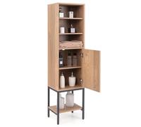 COSTWAY Armario Alto de Baño, 38x30x146 cm, Mueble Auxiliar con Estantes Ajustables y Almacenamiento Inferior, Armario Delgado con Soporte de Metal con Puerta para Salon Cocina Oficina (Natural)