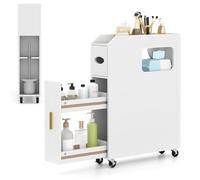 COSTWAY Armario Auxiliar de Baño con Ruedas Bloqueables, Mueble de Baño Estrecho con Cajón Deslizante, Caja de Pañuelos, Soporte para Cepillo de Inodoro para Cocina Salón, 50 x 16 x 69 cm (Blanco)