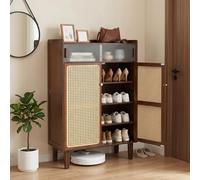 COSTWAY Armario de Almacenamiento para Zapatos con Puertas Correderas | Zapatero de Bambú 5 Niveles con Puertas Ratán PE y Estantes, Gabinete Organizador Independiente Mueble Auxiliar para Entrada