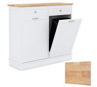 COSTWAY Armario de Cocina con Soporte para Cubos de Basura, Mueble de Cocina Isla con Tapa de Madera de Caucho, Tabla de Cortar y 2 Cajones, Armario Oculto para Cubo de Basura, 100x33x90 cm, Blanco