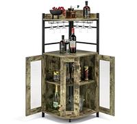 COSTWAY Armario de Esquina de Vino con Portavasos de Vidrio, Armario de Vino Industrial con Puertas de Malla Metálica y Estante Ajustable, Buffet con Kit Antivuelco para Cocina Comedor (Marrón Claro)