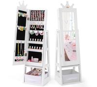 COSTWAY Armario de Joyería para Niñas con Espejo, Espejo Joyero de Cuerpo Completo con Gran Capacidad de Almacenamiento, Armario para Joyas Infantil con Ganchos, Estantes y Cajón (Blanco)