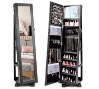 COSTWAY Armario de Joyero con Espejo y Estante de Escalera Gabinete de Joyería Giratorio con Cerradura para Anillos Ganchos de Cadena Pendientes Organizador (Negro)