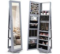 COSTWAY Armario de Joyero con Espejo y Estante de Escalera Gabinete de Joyería Giratorio con Cerradura para Anillos Ganchos de Cadena Pendientes Organizador