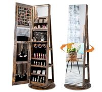 COSTWAY Armario Giratorio 360° para Joyas con Espejo y Luces LED de 3 Colores Bloqueable, Estantes de Almacenamiento, Interior y Estante Plegable (Industrial)