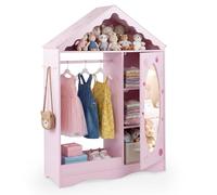 COSTWAY Armario Infantil con Espejo, Armario de Ropa con Tejado, Barra Abierta para Colgar, Estantes y Ganchos, Organizador para Dormitorio, Habitación Infantil, Sala de Juegos (Rosa)