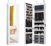 COSTWAY Armario Joyero con Espejo LED, Cerradura, Ajustes de Altura, Organizador Joyas (Blanco)