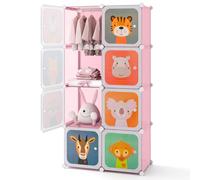 COSTWAY Armario Modular Infantil Portátil, Estantería Modular de 8 Cubos con Dibujos Animados, Organizador de Almacenamiento Infantil para Juguetes, Zapatos, Ropas, 75 x 37 x 145 cm (Rosa)