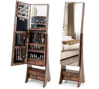 COSTWAY Armario para Joyas con Espejo, Espejo joyero con Luces LED, Estante de Maquillaje, Ángulos de Inclinación Ajustables y Gran Capacidad de Almacenamiento, Armario Joyero (Marrón)