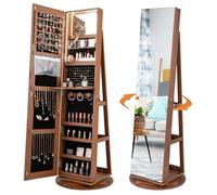 COSTWAY Armario para joyas con LED, armario con espejo giratorio 360°, con espejo sin marco, organizador de joyas con cerradura, almacenamiento de joyas (marrón)