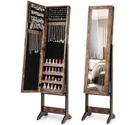 COSTWAY Armario para Joyas de Pie con 3 Inclinación Ajustable, Espejo Joyero con 64 Ranuras para Pendientes, 20 Ganchos para Collares,72 Ranuras para Anillos,4 Estantes (Marrón)