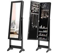 COSTWAY Armario para Joyas de Pie con Inclinación Ajustable con Espejo Joyero con con 64 Ranuras para Pendientes, 20 Ganchos para Collares,72 Ranuras para Anillos,4 Estantes (negro)