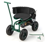 COSTWAY Asiento de Jardín con Ruedas, Carrito de Jardín con Asiento de Trabajo, Ajustable en Altura con Asiento Giratorio de 360° y Cojín, 2 Asas de Dirección, Taburete Móvil de Trabajo de Jardinería