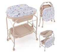 COSTWAY Bañera Bebe con Cambiador 4 en 1, Bañera Cambiador Bebe con Bandeja y 4 Ruedas Bloqueables, Cambiador Bebe Portátil y Plegable con Cesta de Almacenaje, Cojín Impermeable, Carga 35kg(Beige)
