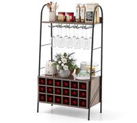 COSTWAY Botellero para 18 botellas, soporte para vino con 5 soportes para copas de vino y 2 estantes, soporte para vino de 110 cm, para cocina, bodega, bar, marrón rústico, 63 x 32 x 114,5 cm