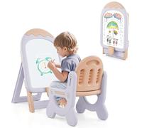 COSTWAY Caballete de Arte Infantil con Silla, Caballete Ajustable en Altura y Plegable con Pizarra Blanca y Caja Borrador, Rotuladores, Set de Imán Incluido (Morado)
