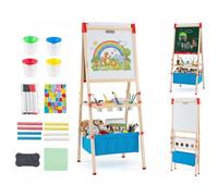 COSTWAY Caballete de Arte para Niños, Altura Ajustable, Caballete Infantil Plegable de Doble Cara con Pizarra Magnética y Blanca, Rollo de Papel, 4 Vasos y Bandejas, Pizarra Infantil para de 3-15 Años