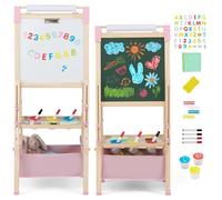 COSTWAY Caballete Infantil Ajustable en Altura, Caballete de Doble Lado con Pizarra de Tiza y Pizarra Blanca, Rollo de Papel, Imanes de Letras y Números, para Niños 3-8 Años (Rosa)