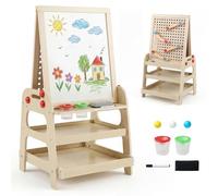 COSTWAY Caballete para Niños 2 en 1, Pizarra Magnética con Juego de Canicas, 2 Estantes de Almacenaje, Rotulador, Borrador, 2 Botes de Pintura, Caballete de Arte de Madera para 3+ Años