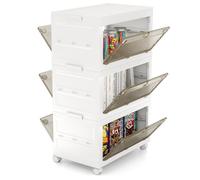 COSTWAY Cajonera de Almacenamiento Plásticos de 168 L, Cajas Apilables con Tapa, Contenedores de Almacenamiento Plegables de 4 Niveles con Ruedas para Dormitorio y Sala de Estar (3 Niveles)