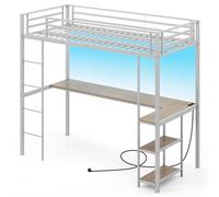 COSTWAY Cama Alta con Escritorio 200 x 90 cm, Cama Alta Juvenil con LED, Estación de Carga y Almacenamiento, Barandilla de Seguridad y Escalera (Gris)