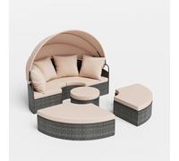 COSTWAY Cama Balinesa Exterior Jardin, Redondo con Dosel Retráctil, Tumbona Isla de Ratán, Cojines Suaves, Conjunto Jardin Terraza Balcon Piscina Exterior, 172 x 180 x 141 cm (Beige)