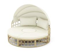 COSTWAY Cama Balinesa Exterior Jardin, Redondo con Dosel Retráctil, Tumbona Isla de Ratán, Cojines Suaves, Asientos Seccionales Separados, 180x180x150 cm, Beige