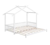 COSTWAY Cama Casa Infantil Extensible 180/95 x 200 cm, Cama Niño Individual y Doble, Cama Casita Blanco, con Barandilla de Seguridad, Estructura de Madera