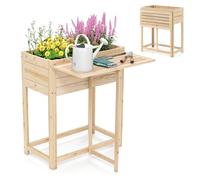 COSTWAY Cama de Jardín Elevada de Madera con Patas, Mesa Lateral Plegable, Drenaje, Caja de Plantación Elevada para Flores Hierbas Verduras Frutas, Jardinera Interior Exterior para Patio Trasero