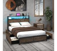 COSTWAY Cama Doble 140/160 x 200 cm, Cabecero de Luz LED RGB Control de Voz, 4 Cajones, Conexión USB, Bluetooth y Control Remoto, Estructura de Cama Inteligente, Marrón Rústico (140x200cm)