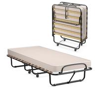 COSTWAY Cama Plegable con Colchón 80 x190cm, Cama Supletoria Plegable con Ruedas, Colchón en Memory Foam, Estructura Resistente y 4 Ruedas Giratorias, Cama Individual Adultos y Niños, 130kg (Beige)