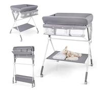 COSTWAY Cambiadora Bebé Portátil, Cambiador Plegable con Altura Ajustable de 3 Niveles, Organizador Móvil para Recién Nacidos con Cesta, Toallero, Estante y Ruedas Universales con Freno (Gris)