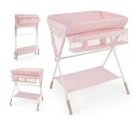 COSTWAY Cambiadora Bebé Portátil, Cambiador Plegable con Altura Ajustable de 3 Niveles, Organizador Móvil para Recién Nacidos con Cesta, Toallero, Estante y Ruedas Universales con Freno (Rosa)