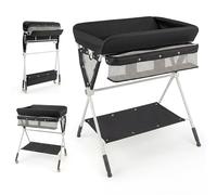 COSTWAY Cambiadora Bebé Portátil, Cambiador Plegable con Altura Ajustable de 3 Niveles, Organizador Móvil para Recién Nacidos con Cesta, Toallero, Estante y Ruedas Universales con Freno (Negro)