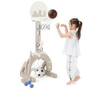 COSTWAY Canasta de Baloncesto para Niños 4 en 1, Centro de Actividades para Niños con Aro, Portería, Golf, Lanzamiento de Anillos, Juego Deportivo de Altura Ajustable para Niños de 3 a 10 Años