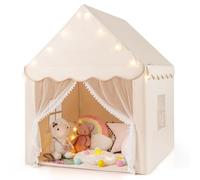 COSTWAY Carpa para Niños con Colchoneta Lavable, Luces con Forma de Estrella, Ventanas, Cremalleras Inferiores, Carpa Castillo de Hadas para Interior y Exterior para Niños (Beige,Luz de Amarillo)