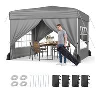 COSTWAY Carpa Plegable 3 x 3 m, Cenador Pabellón de Jardín con 4 Paredes Desmontables, 3 Alturas Ajustables, Botón Central, Marco de Acero al Carbono, Gazebo Pop-up para Exterior (Gris)