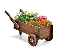 COSTWAY Carretilla Jardín de Madera de Flores, Carrito de Madera Maceta con Ruedas, Asas, Orificio de Drenaje, Soporte para Macetas de Flores, Maceta Decorativa para Jardín Patio (81 x 40 x 38,5 cm)