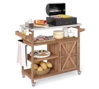 COSTWAY Carrito de Barbacoa de Madera, Isla de Cocina Exterior con Tapa de Acero Inoxidable, 3 Estantes Abiertos, Toallero, 4 Ruedas, Mueble para BBQ para Picnic, Fiesta, 118 x 47 x 92 cm