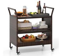 COSTWAY Carrito de Cocina de Ratán, Carro de Servicio Portátil de 3 Niveles con 4 Ruedas Bloqueables y Asas Laterales, Mesa de Exterior para Jardín y Patio, Color Marrón Mixto, 86x50x89cm