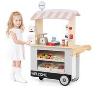 COSTWAY Carrito de Comida y Golosinas para Niños, Carrito de Juguete con Máquina POS y Balanza, Estante para Bebidas y Área de Exhibición, 1 Rueda Universal y 2 Ruedas Grandes (Gris)