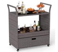 COSTWAY Carrito de Ratán para Exterior, Mesa Auxiliar Rodante con Encimera de Vidrio Templado, Estante Abierto y Cajón Grande, Carro de Servicio de Ratán PE para Patio Porche Jardín Piscina