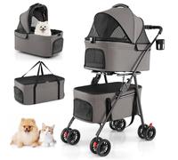 COSTWAY Carrito para Perros Plegable Doble 3 en 1, Cochecito para Perros con 2 Portadores Desmontables, Ruedas con Freno, Malla Transpirable, Portavasos, Carro para Mascotas hasta 15 kg (Gris)