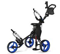 COSTWAY Carro de Golf con 3 Ruedas y Plegable, Carrito de Golf a Empujar con 4 Posiciones Regulables en Altura, Porta Paraguas Regulable y Asiento, Bolsa, Porta Bebidas, Freno de Pedal (Azul)