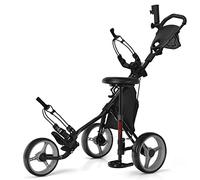COSTWAY Carro de Golf con 3 Ruedas y Plegable, Carrito de Golf a Empujar con 4 Posiciones Regulables en Altura, Porta Paraguas Regulable y Asiento, Bolsa, Porta Bebidas, Freno de Pedal (Gris)