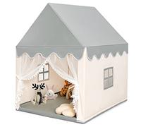 COSTWAY Casa de Muñecas para Niños, Casita con Tienda Resistente, Estructura de Sólida Madera y Alfombrilla de Algodón, Casa con Tienda Puerta y Ventana, Castillo Juguete para Niños (Beige)
