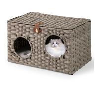 COSTWAY Casa para Gatos con Ratán Transpirable, Cojín Desmontable, Patas de Madera de Caucho Antideslizantes, Cesta de Cama para Caja de Arena y Reposapiés, Mueble para Gatos de Interior