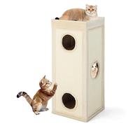 COSTWAY Casa para Gatos de 3 Pisos, Condo para Gatos en Forma de Barril con 3 Escondites y Postes Rascadores de Sisal, 4 Suaves Cojines de Felpa Extraíbles, Cueva para Gato de Interior (Natural)