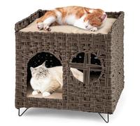 COSTWAY Casa Plegable de 2 Niveles para Gatos, Condominio de Ratán con Percha Elevada, Cueva para Esconderse, Cojines Extraíbles, Mueble para Mascotas de Interior y Exterior, Mesita Auxiliar