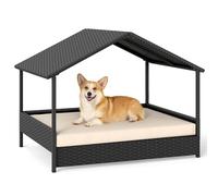 COSTWAY Caseta para Perros Exterior e Interior, Casa Perro de Ratán Grande con Dosel, Base Elevada, Cojín Removible, Estructura Metálica, Cama Elevada para Mascotas, Carga 60 kg, 98x69x74 cm (Beige)